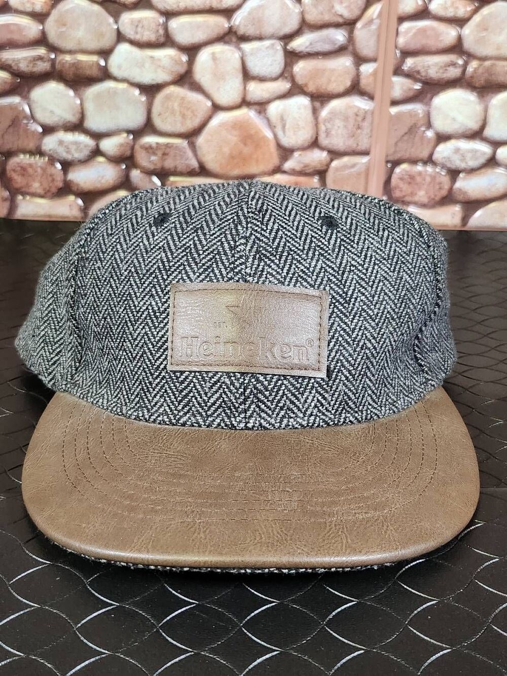 Heineken Leather Brimmed Herringbone Baseball Hat Cap Adjustable Strap Back